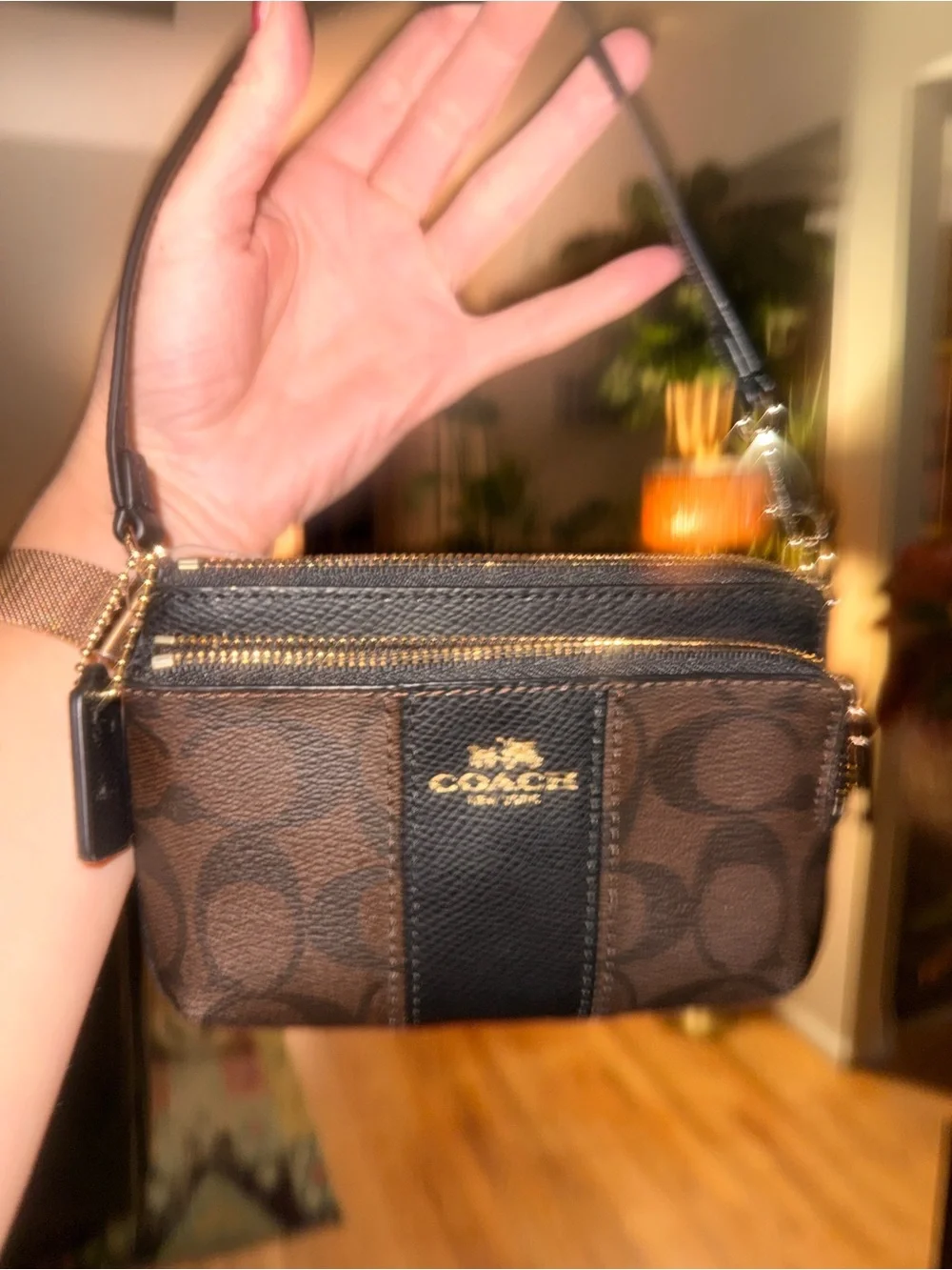 NWT | COACH Brown and Black Signature Leather Wristlet with Gold Hardware